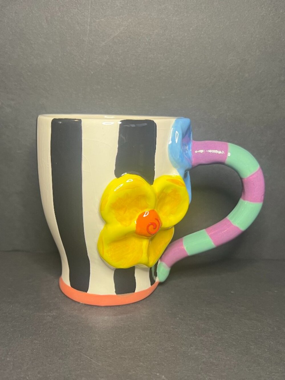 Whimsical Abstract Multicolor Art Pottery Ceramic Floral Striped Coffee Mug Cup